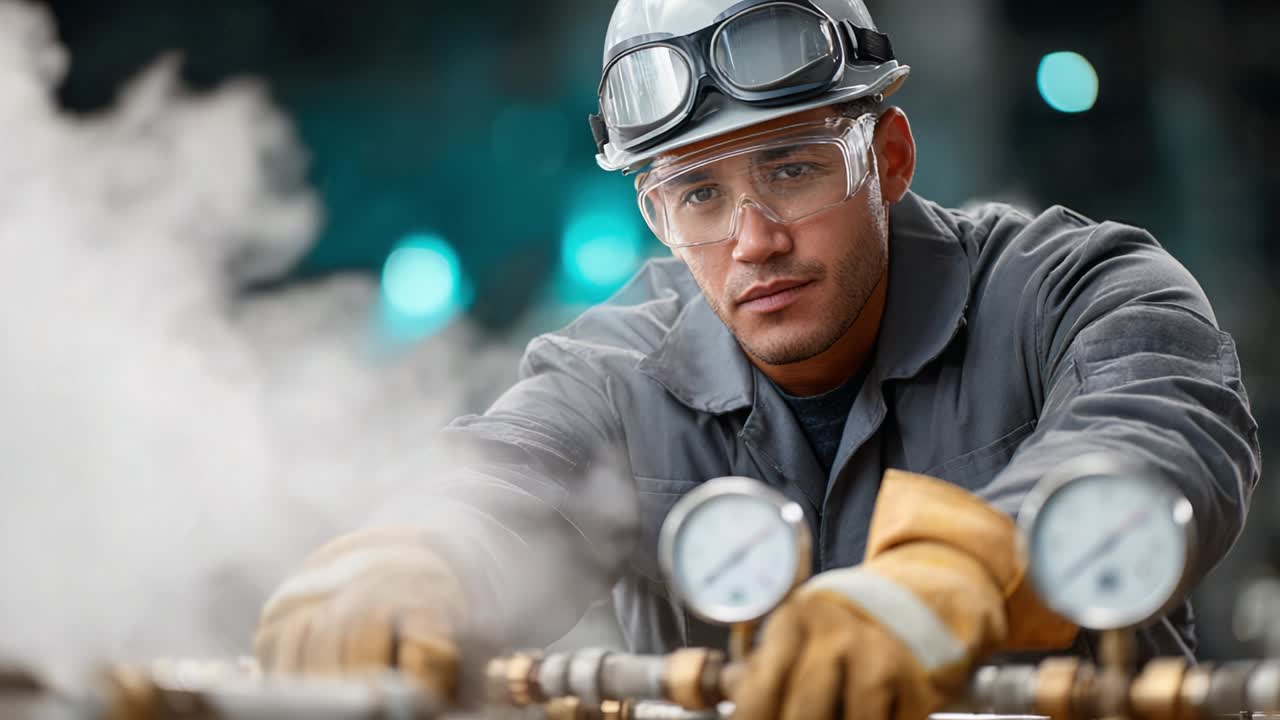 Dedicated worker operating machinery with precision and skill, showcasing focus and expertise in an industrial setting surrounded by equipment and steam