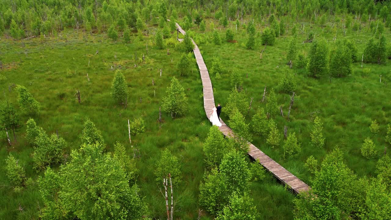 дрон снимает молодоженов в свадебных нарядах, подвенечном платье и костюме, идущих по узкой деревянной дорожке в окружении деревьев и зелени.