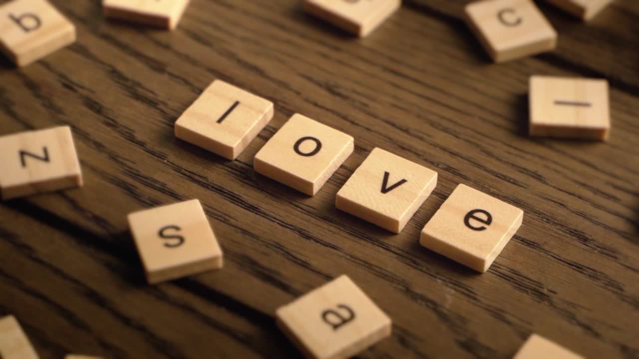A hand arranges wooden letter tiles to spell love