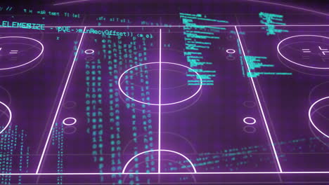 animación de una cancha deportiva iluminada sobre lenguaje informático y destello de la lente en un fondo abstracto.