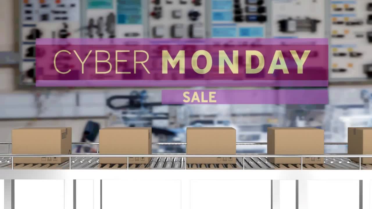 컨베이어 벨트에 있는 카드보드 상자 위에 있는 사이버 월요일 판매 텍스트의 애니메이션