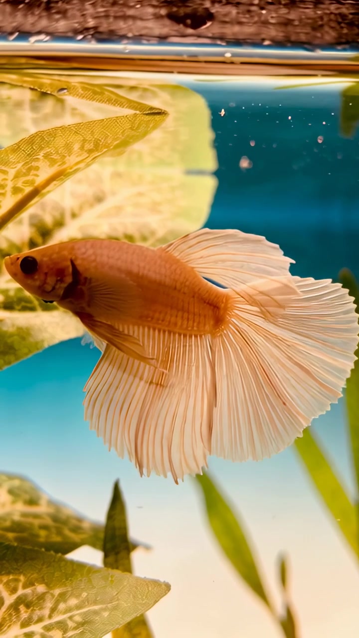 Video verticale: Un pesce Betta color pesca pallido nuota inseguendo bolle che salgono vicino a una foglia in un acquario di vetro.