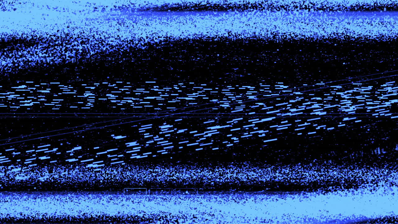 Sfondo astratto blu con flusso di dati digitali e effetto glitch.
