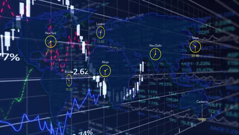 global stock market data and world clocks animation over digital map background