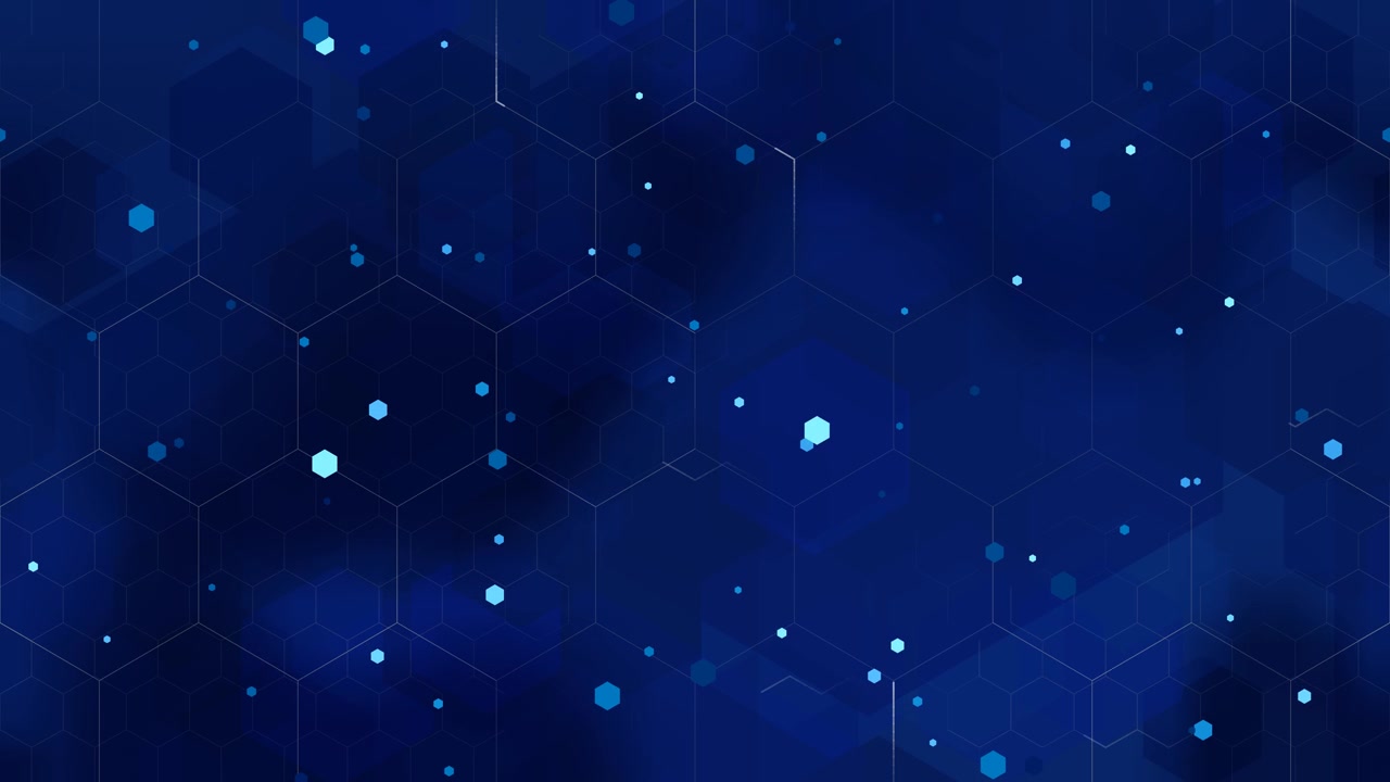 Clean technological background of deep blue hexagonal shapes, grid and patterns, animated backdrop for modern business corporate presentations