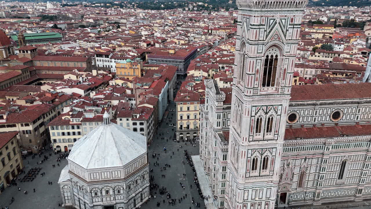 Florence's cathedral square with the iconic duomo and baptistery, aerial view