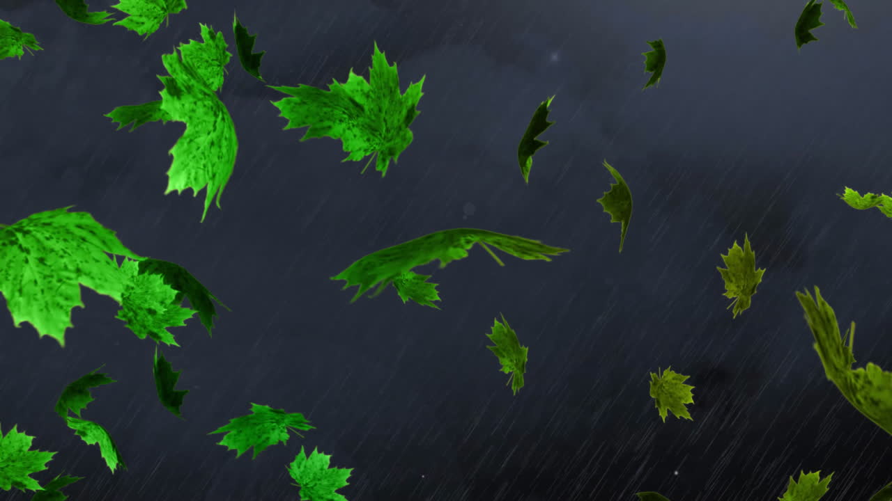 Animation of leaves falling over storm clouds