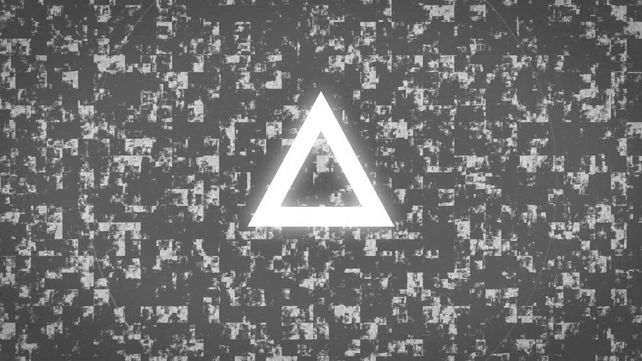 Glowing triangle and circle animation over digital glitch background