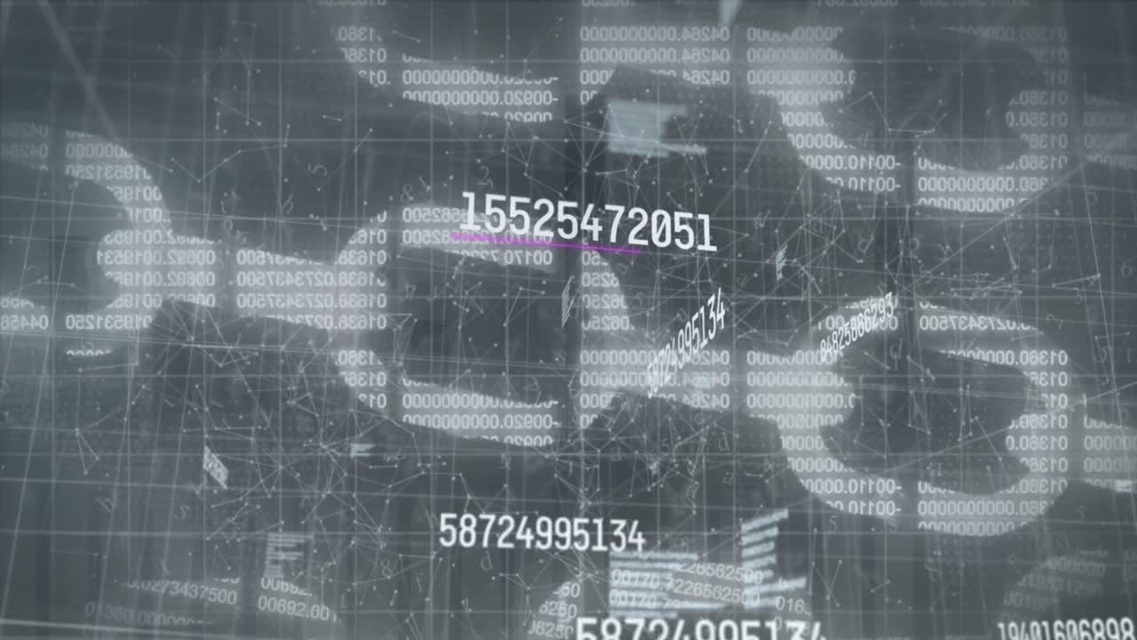 animación de números cambiantes, icono de cadena de seguridad y red de conexiones en fondo gris