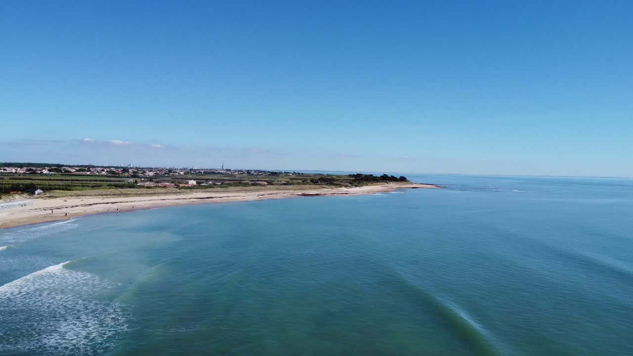 View over the island of Ré at Sainte-Marie-De-Ré, drone-shot in sun with blue sky