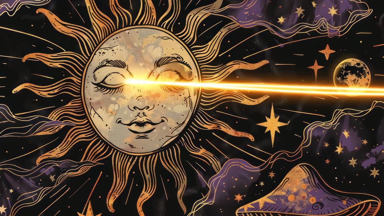 Video-kunst med himmeltema og et finurligt sol- og stjernedesign. Designet er levende og kosmisk set.