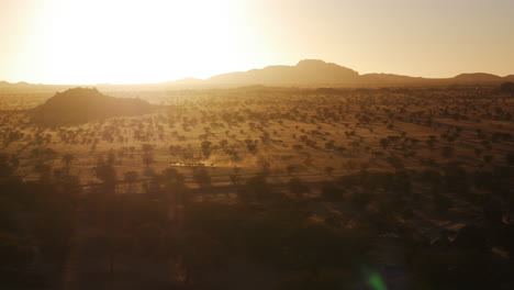 Animals-creating-dust-cloud-in-sunset-desert,-Aerial-distant-shot