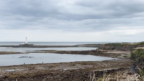 wide shot of a lighthouse on a small island, viewed across tidal pools and rocky shore under overcast skies, with minimal camera movement