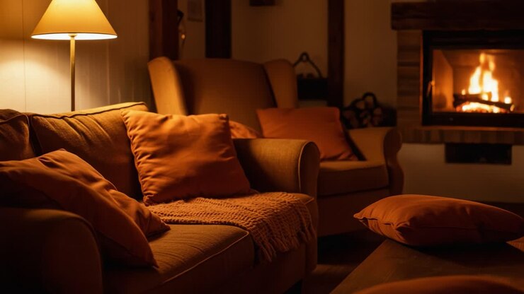 Una noche acogedora en una cálida sala de estar con una chimenea parpadeante y mullidos cojines naranjas que realzan el ambiente romántico del espacio.