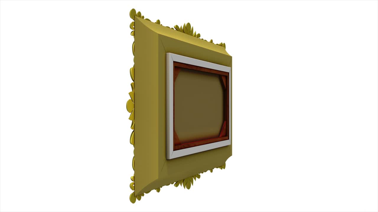 Gold picture frame rotates around on white background, seamless loop. 3D animation with tv noise and green screen.