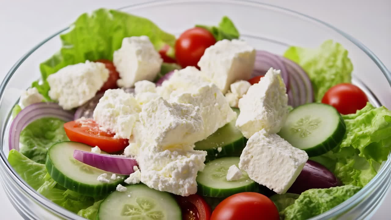Preparation of a Fresh Greek Salad with Feta Cheese