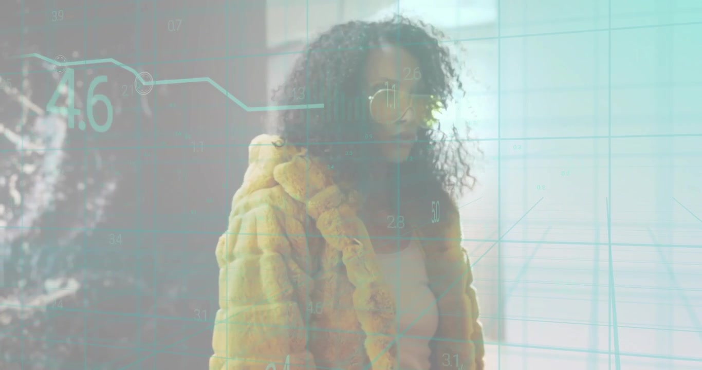 Data wall pulsing during tech demo driving woman adjusting yellow shades aligning gaze with graph