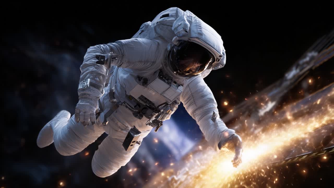 An astronaut explores the cosmos, surrounded by sparkling stardust and a vibrant cosmic backdrop, capturing the mysteries of space travel and discovery