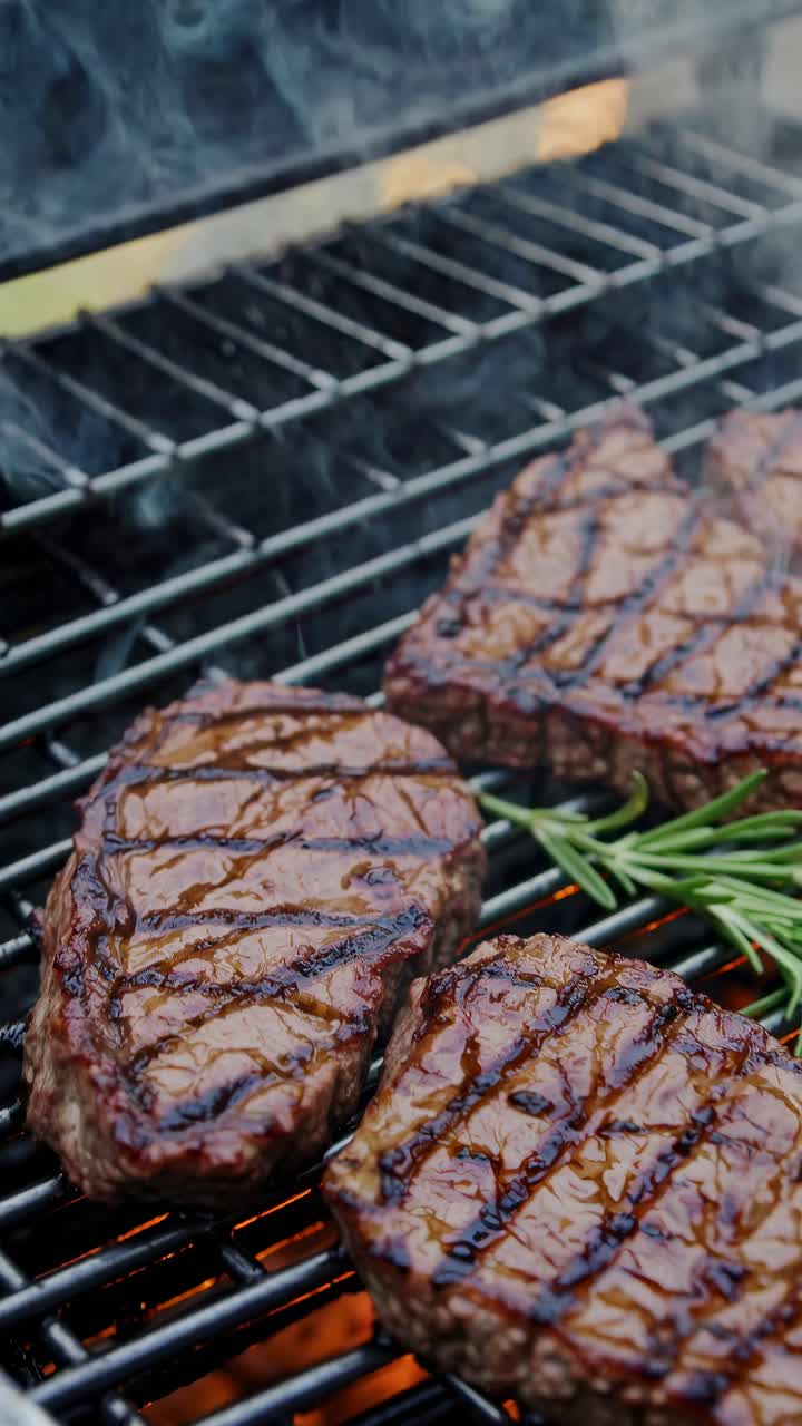 Close-up video shot of juicy steaks grilling with rosemary on a barbecue, capturing the smoky