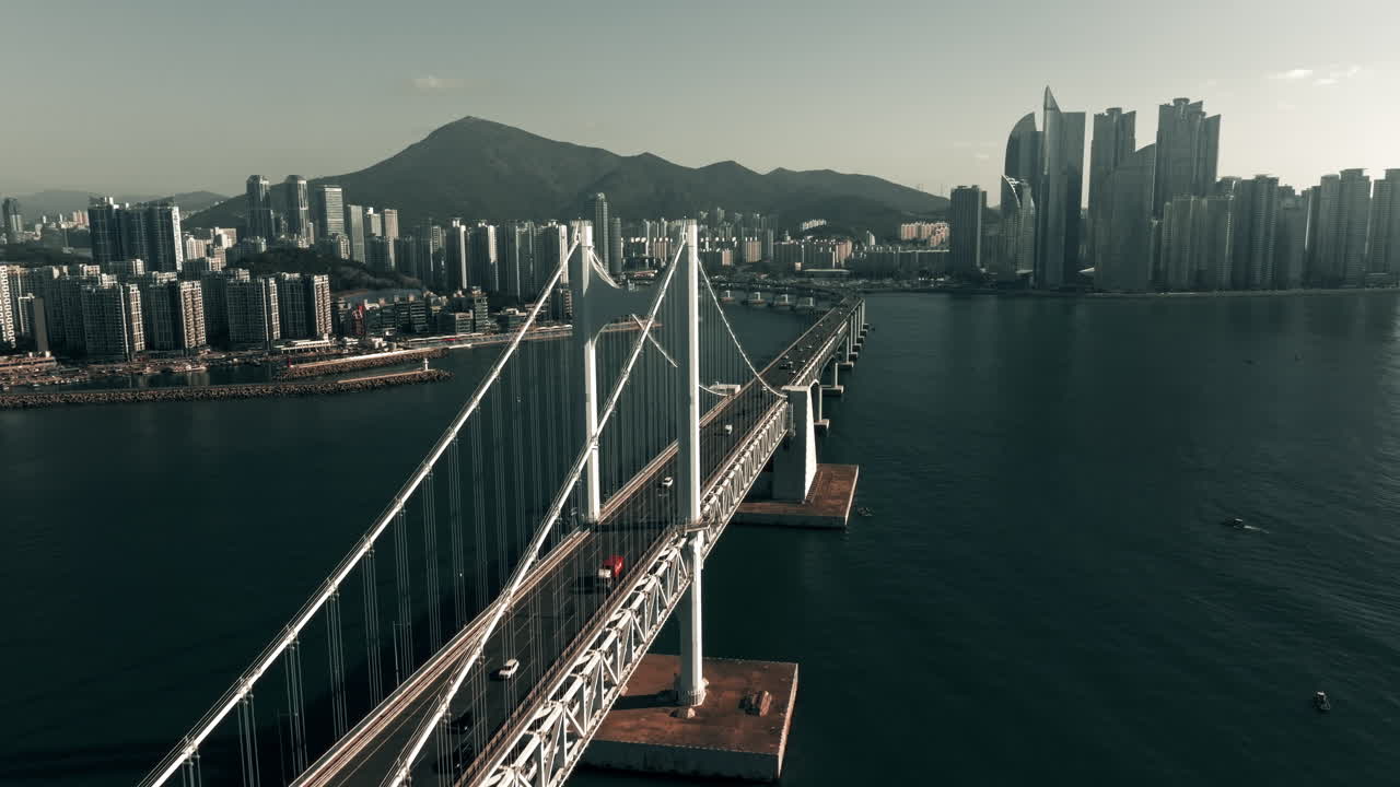 Aerial View of a Bridge over a Bay in a City