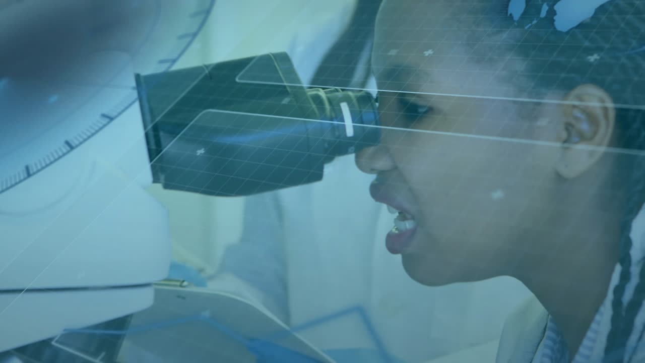 Clinician guiding, patient aligning eye with eyepiece for eye exam while blue graphics overlaying