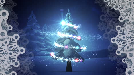 digital animation of snowflakes and glowing christmas tree on blue background.