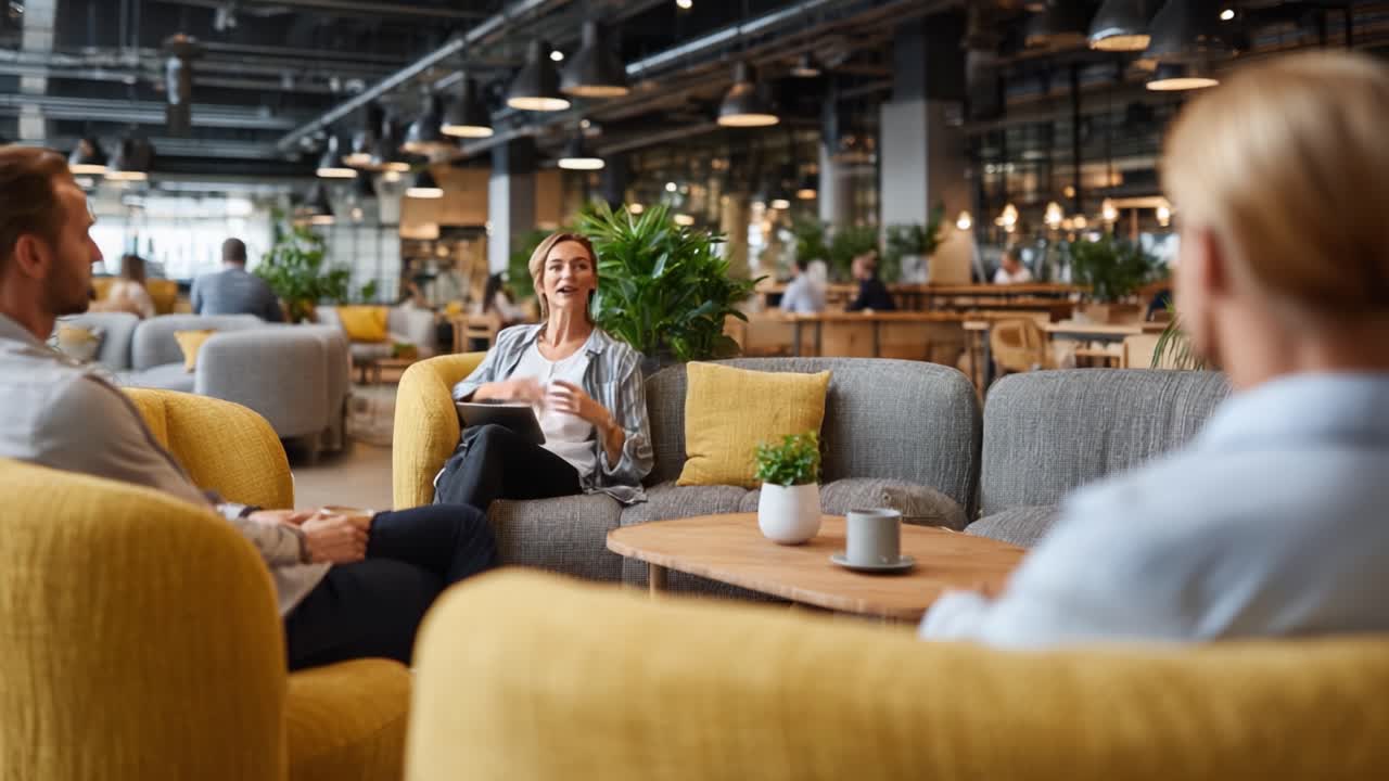 A Relaxed Conversation in a Modern Café Setting Featuring Cozy Seating Surrounded by Lively Indoor Plants and Engaging People Interactions