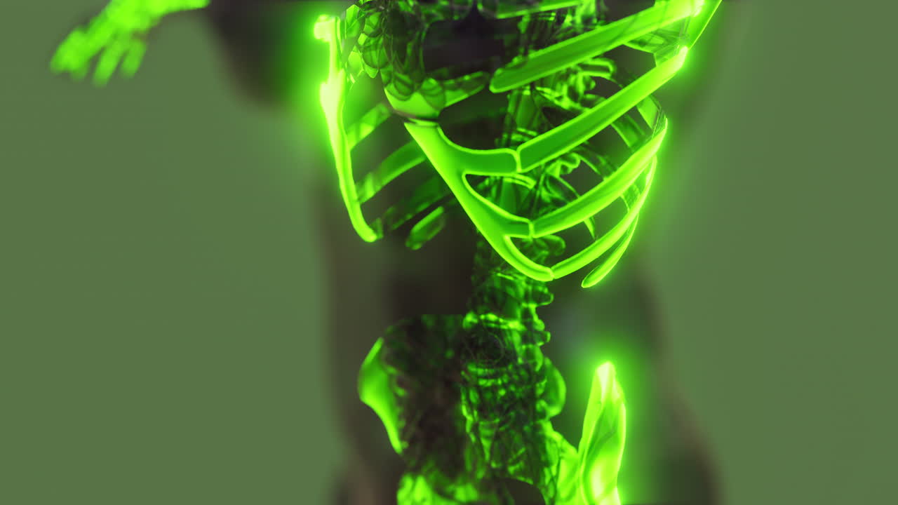 cuerpo humano transparente con huesos esqueléticos visibles