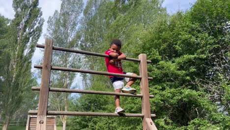 4-year-old american black child climbing a wooden ladder in a playground surrounded by trees