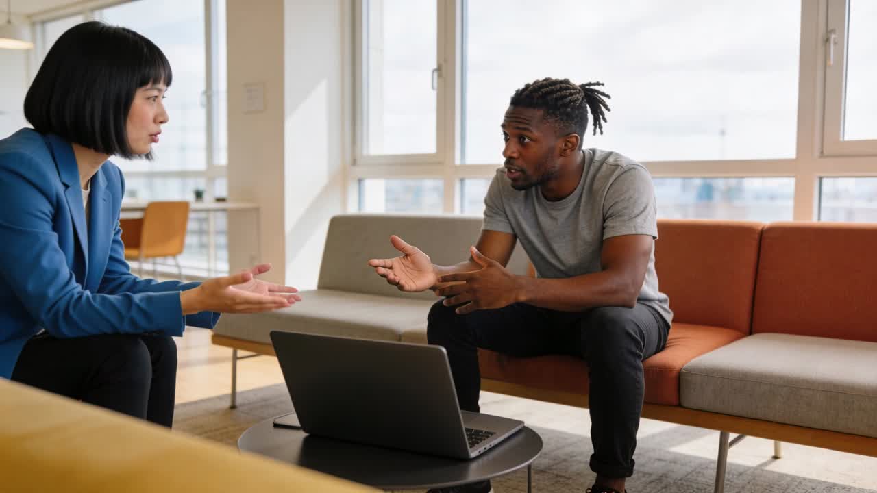 Talking woman in blue blazer starting chat with male coworker in office lounge, reviewing laptop
