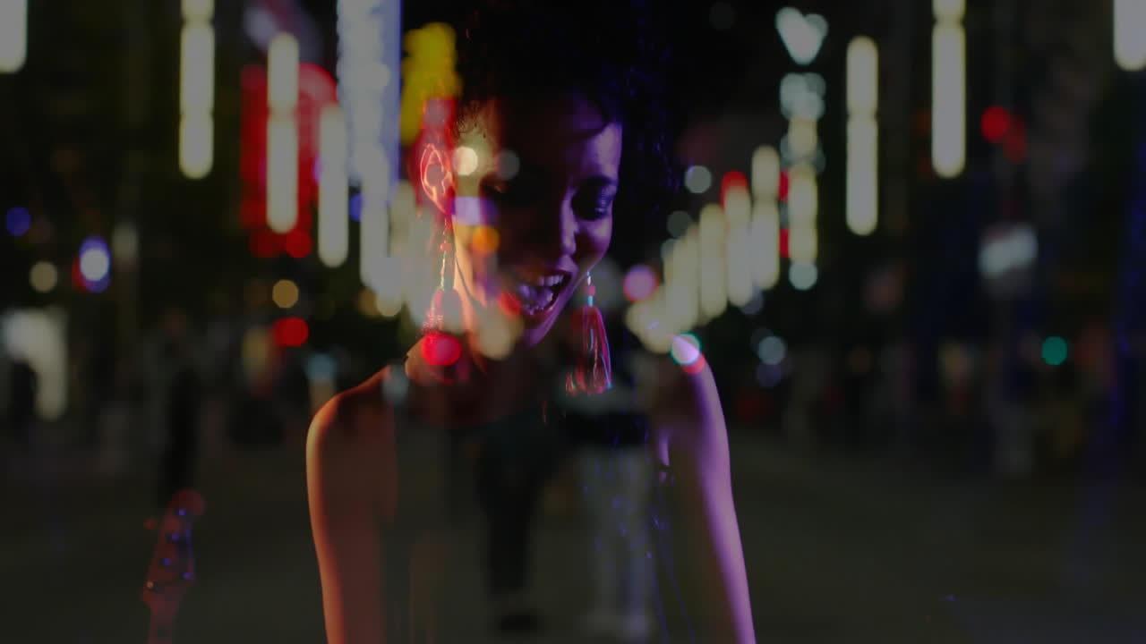 woman standing wearing tassel earrings on business street, animated neon chart floating beside her