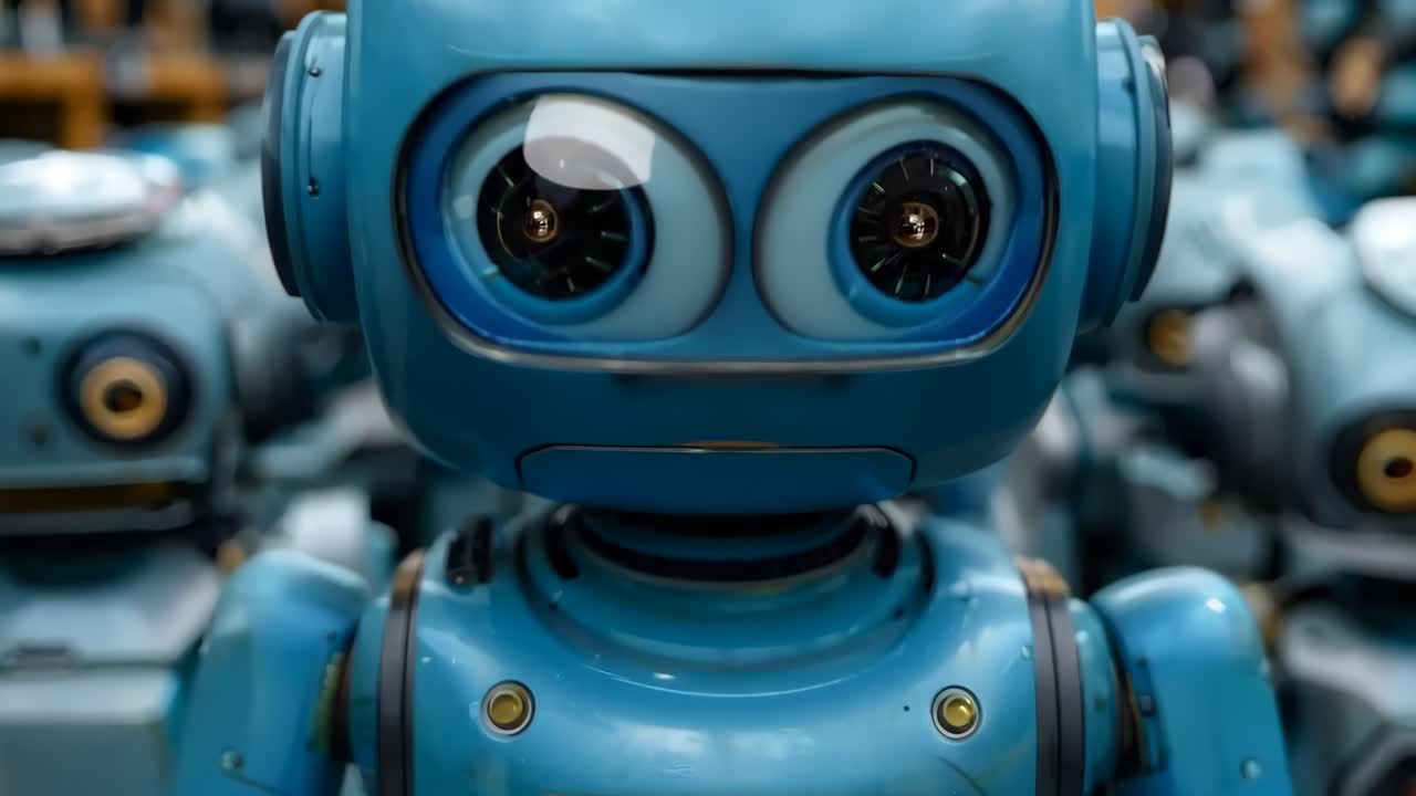 un gruppo di robot blu in piedi l'uno accanto all'altro
