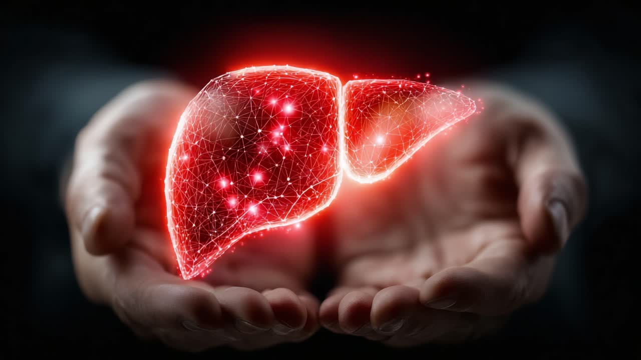 Una splendida visualizzazione del fegato umano in una rete digitale dinamica, che ne evidenzia l'importanza nella salute e nella medicina attraverso grafica avanzata e simbolismo.