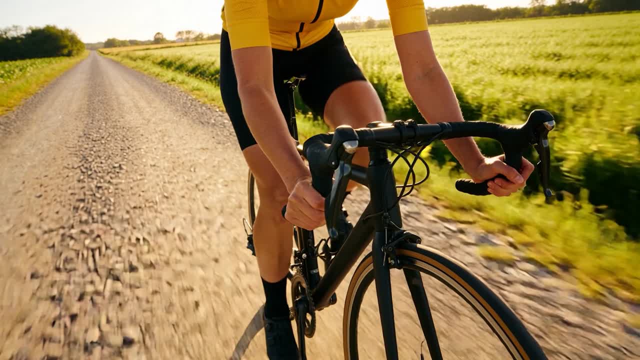 Ciclista in maglia gialla e pantaloncini neri che si allena pedalando su strada sterrata, con telecamera che segue la trasmissione.