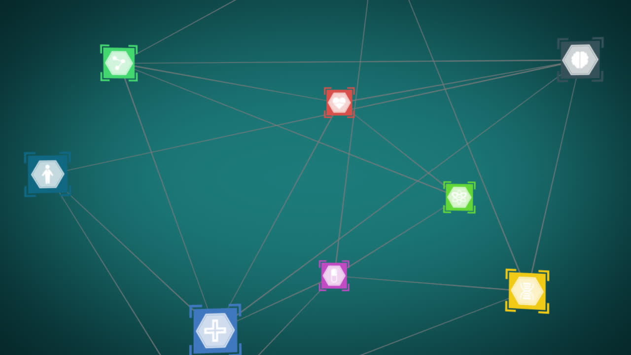 animación de la red de conexiones con iconos digitales flotando sobre un fondo verde