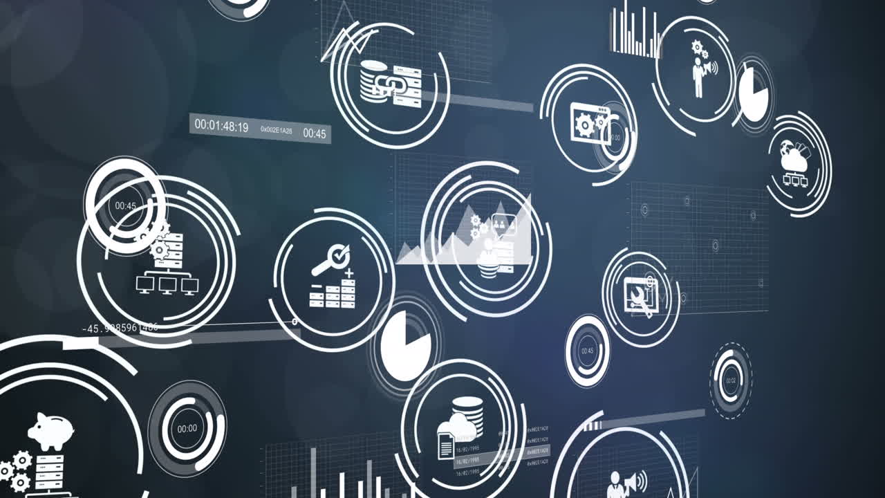 Animation of network of connections with icons on blue background