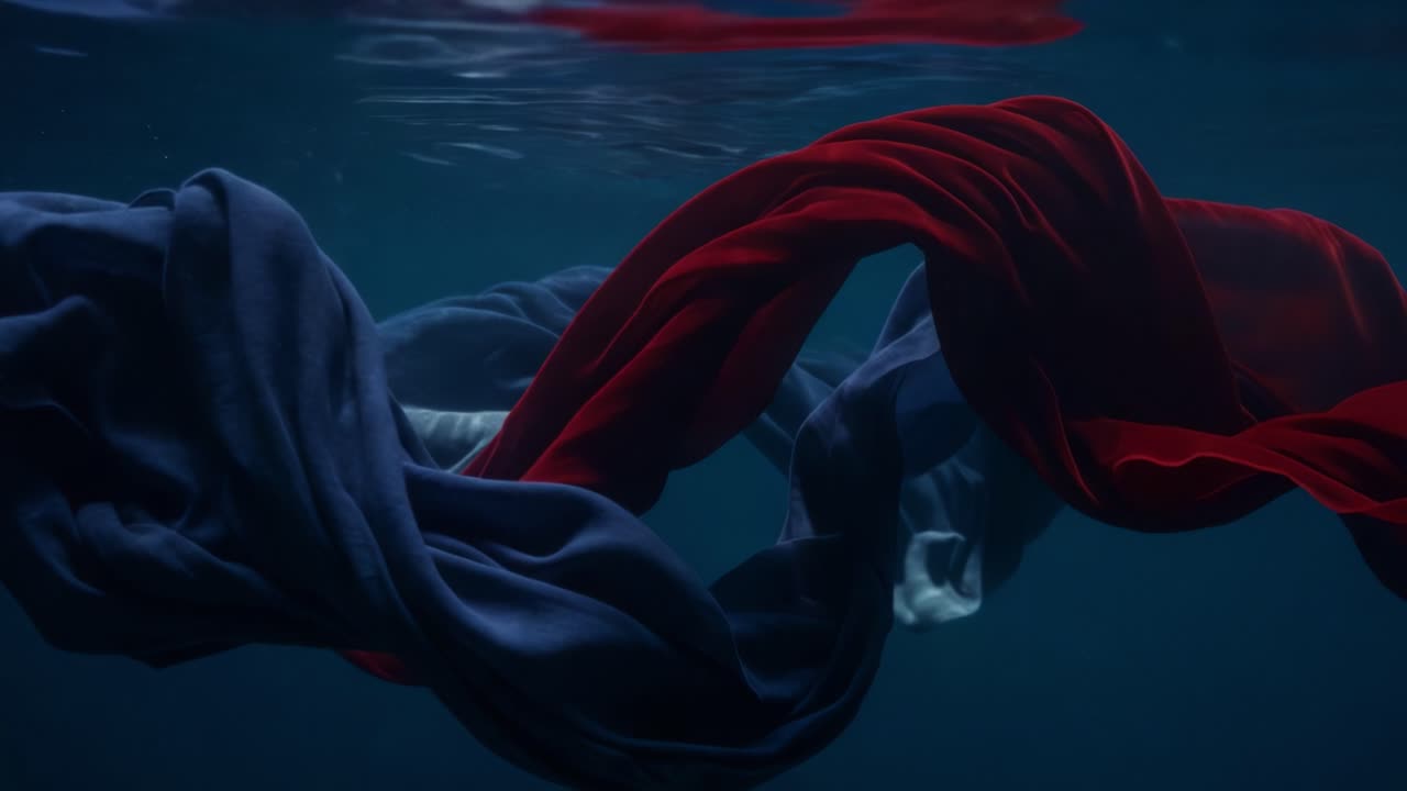 A Captivating Dance of Color Beneath the Water: Graceful Red and Blue Fabrics Twirl Elegantly in the Submerged Depths, Creating a Mesmerizing Visual Experience