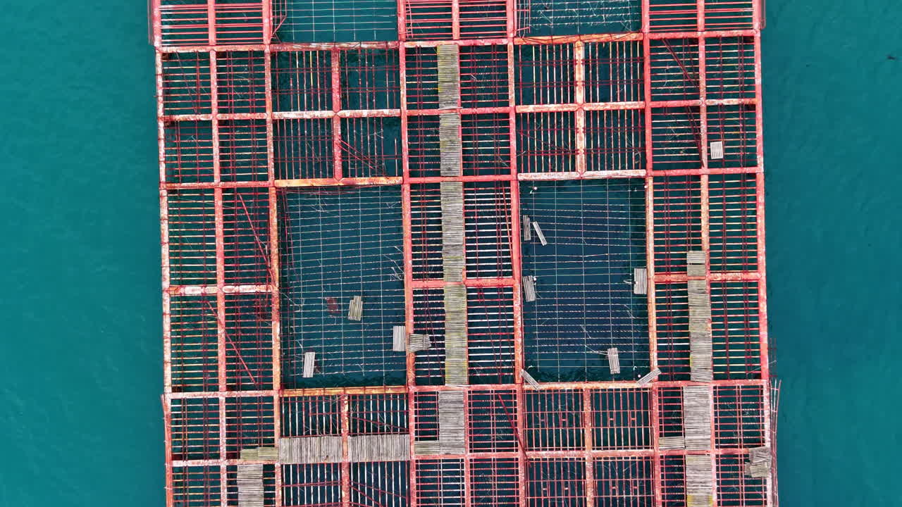 Mussel farm located in the sea showing various sections and structures for shellfish cultivation during daylight