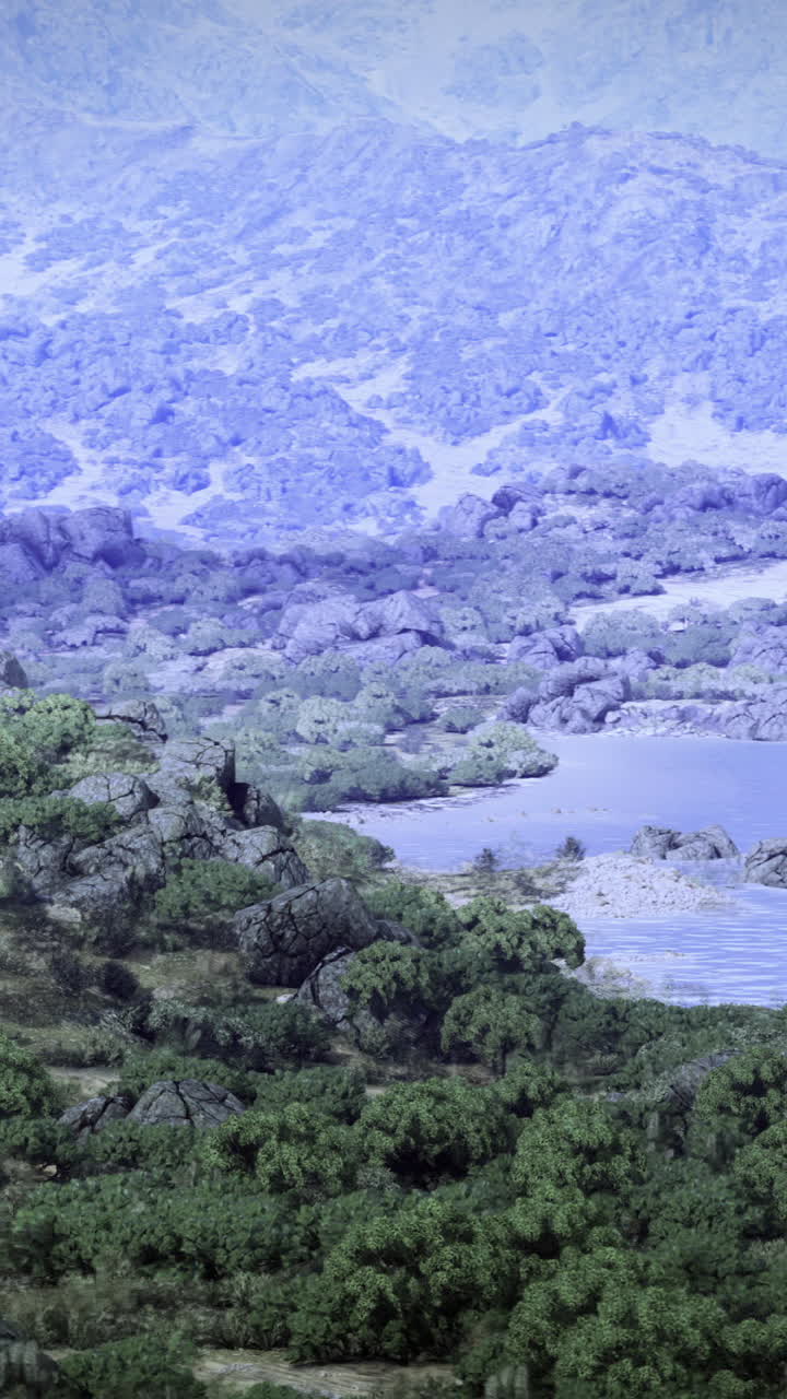 Serene landscape with rocky formations and tranquil water body at dusk