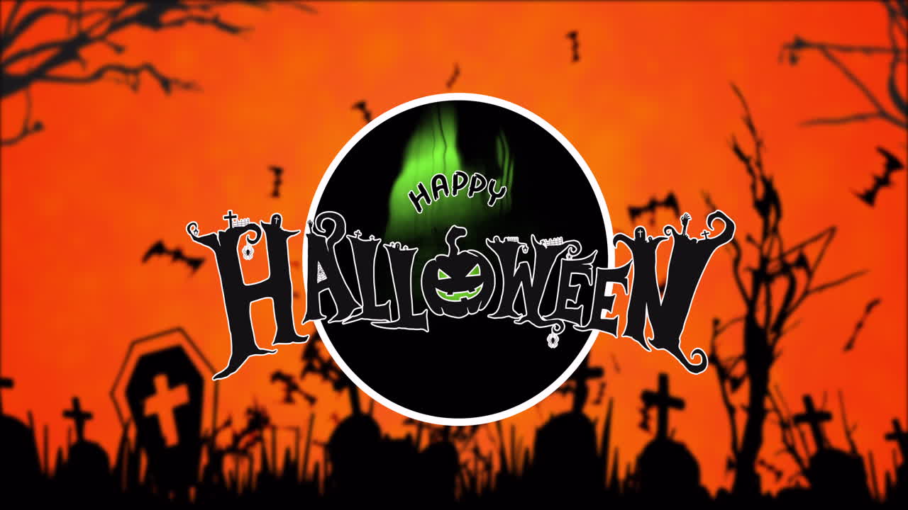 날아다니는 박와 묘지와 함께 오렌지색 배경에 할로윈의 애니메이션