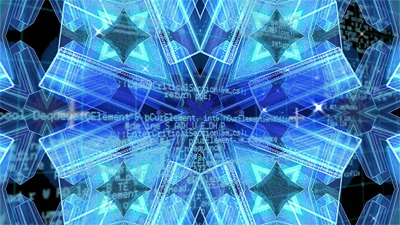 검은색 배경의 데이터 처리에 대한 칼레이도스코픽 패턴의 디지털 애니메이션