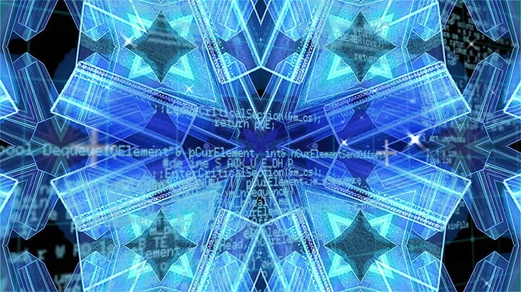 Digital animation of kaleidoscopic pattern against data processing on black background