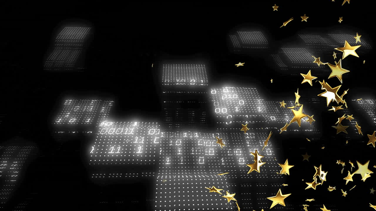 Golden stars and glowing patterns floating around digital blocks in animation