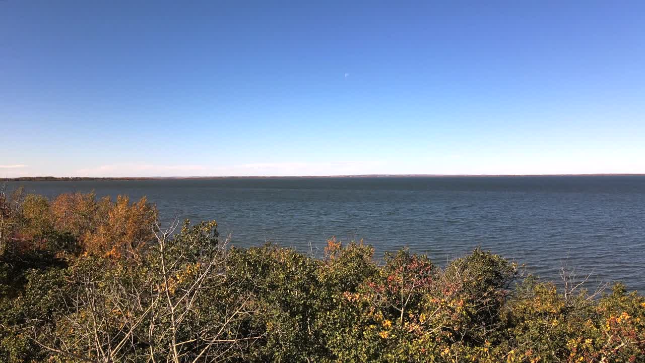 Langsam aufsteigende Luftaufnahmen von Herbstwäldern, die am Ufer des Buffalo Lake im ländlichen Alberta wachsen