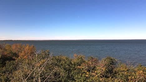 slowly ascending aerial footage of autumn forests growing on shore of buffalo lake in rural alberta
