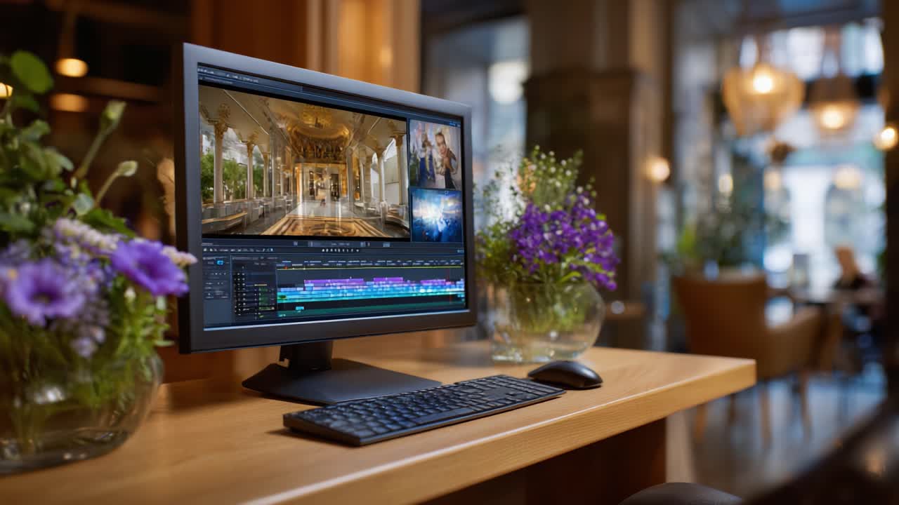 Area di lavoro accattivante con monitor di computer per l’editing video, splendido verde e composizioni floreali in un ambiente accogliente ed elegante