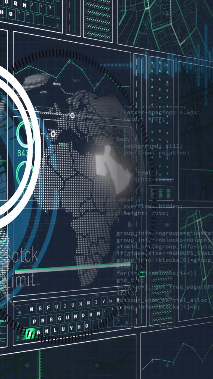 Animation of data processing and globe on black background