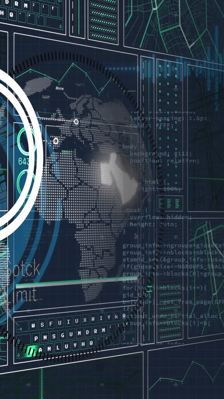 Animation of data processing and globe on black background