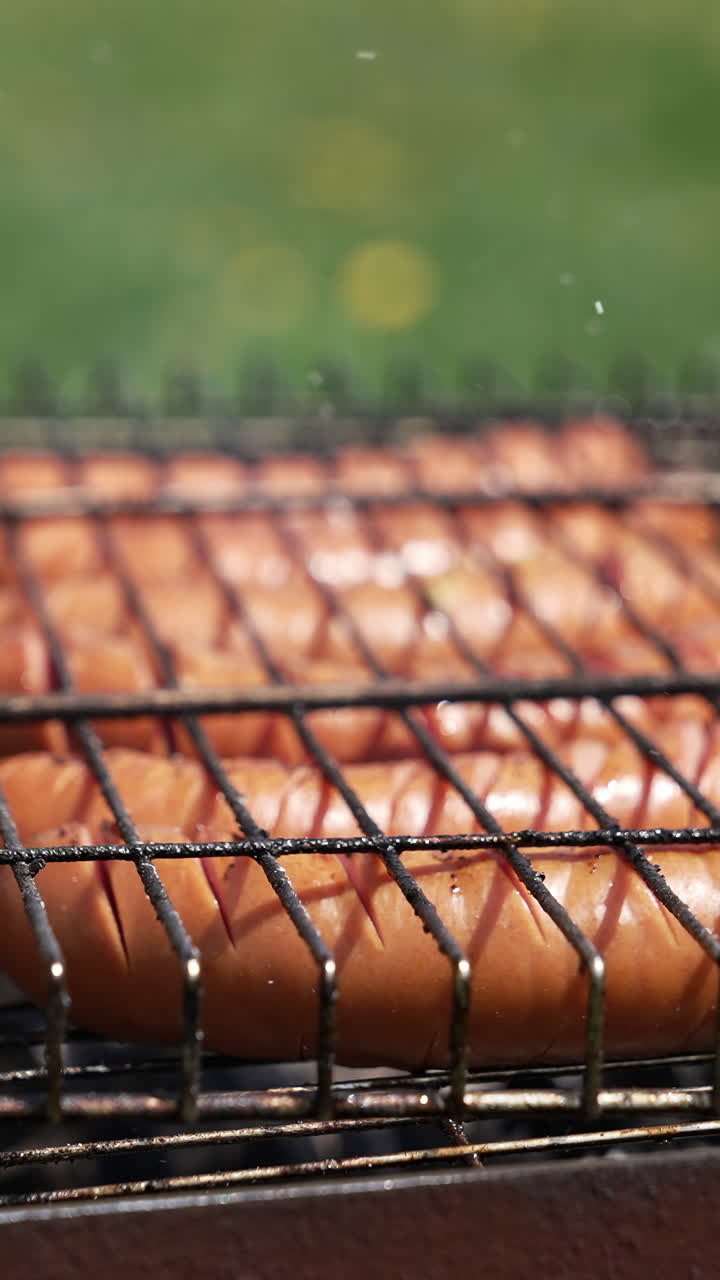 Roasting sausages in smoke. Juicy meat sausages cooking on a grill plate outdoors. Grilling food during summer vacation. Close-up. Vertical video