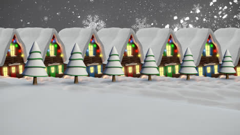 Animation-of-snow-falling-over-houses-with-fairy-lights